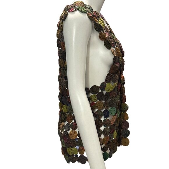 CCC Handmade Thai Silk Vest Colorful Yo Yo Pattern Open Sleeveless Design Small - Picture 7 of 9